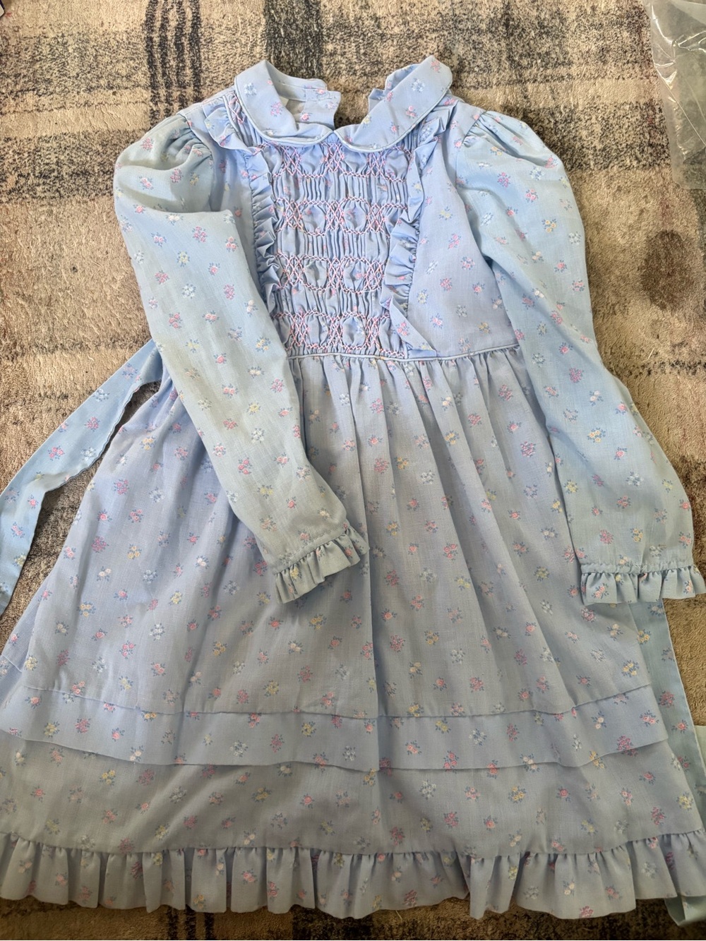 Pastel Blue Smocked Floral Girls' Dress with Ruffle Collar
